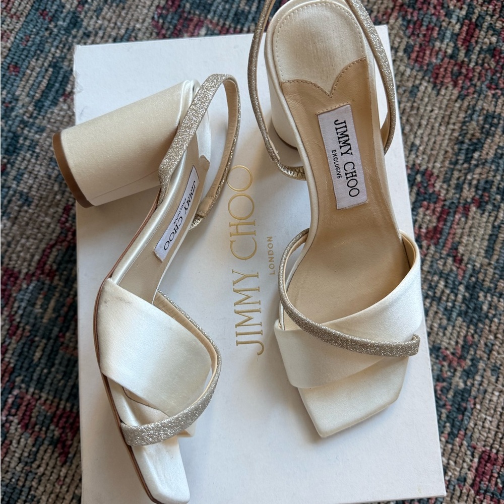 Jimmy Choo ivory and champagne satin slingback ivory heels, EU 38